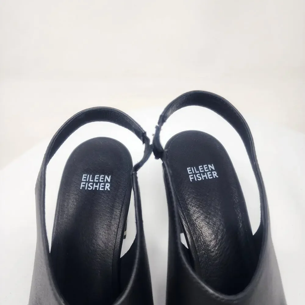 Eileen Fisher Bobbie Slingback Sandal Women 9.5 Italian Black Leather Wood Heel